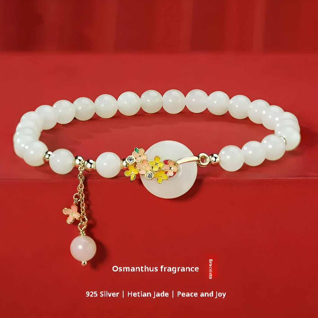 S925 sterling silver bracelet with natural Hetian jade beads and peace buckle closure