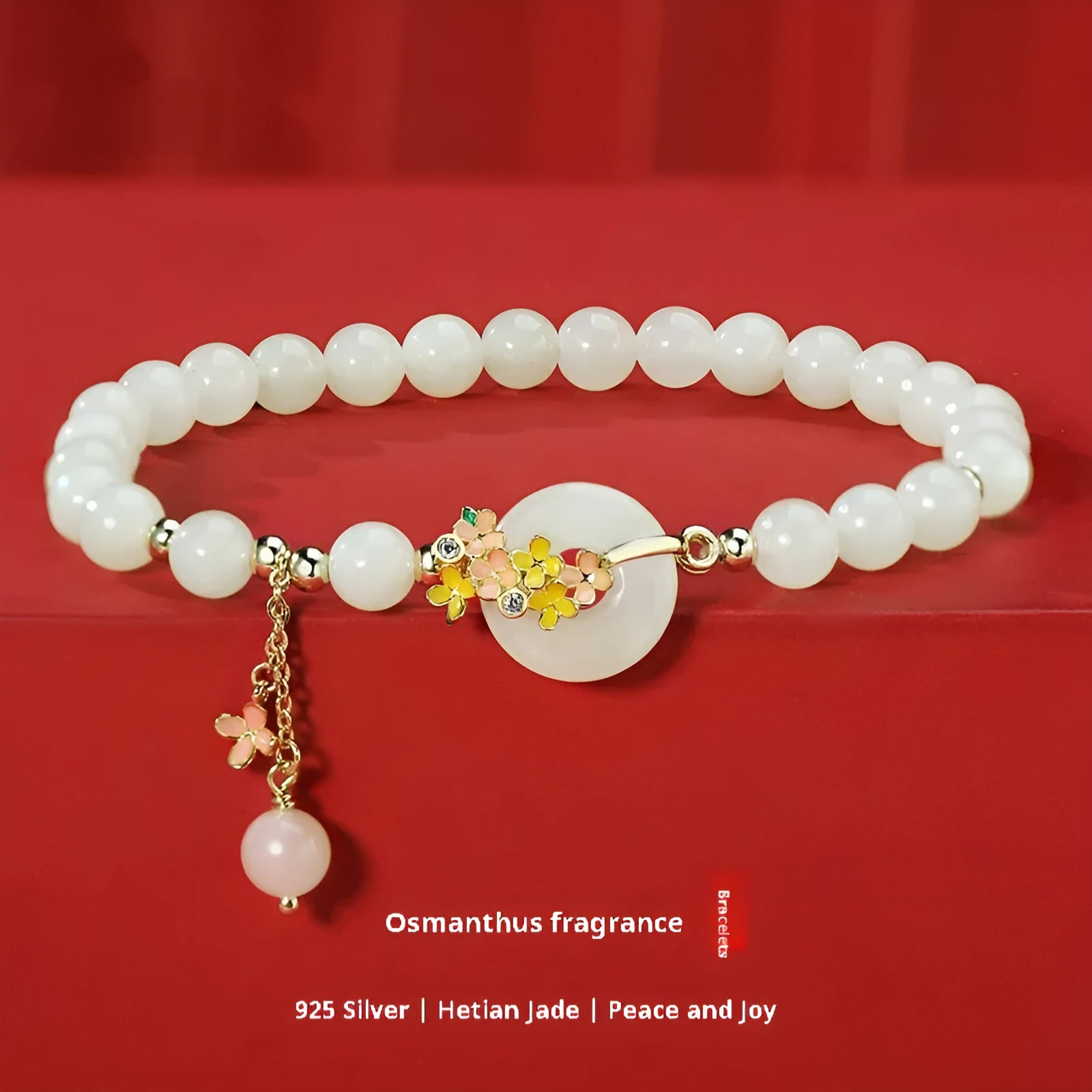 S925 sterling silver bracelet with natural Hetian jade beads and peace buckle closure