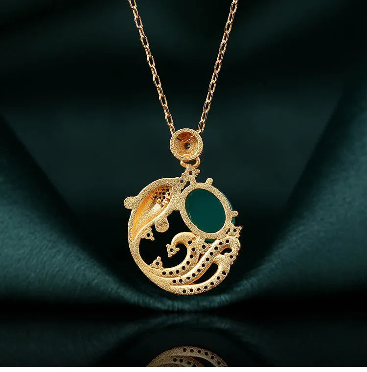Gold-plated retro koi fish necklace with mixed gem inlay on adjustable 41cm-50cm chain