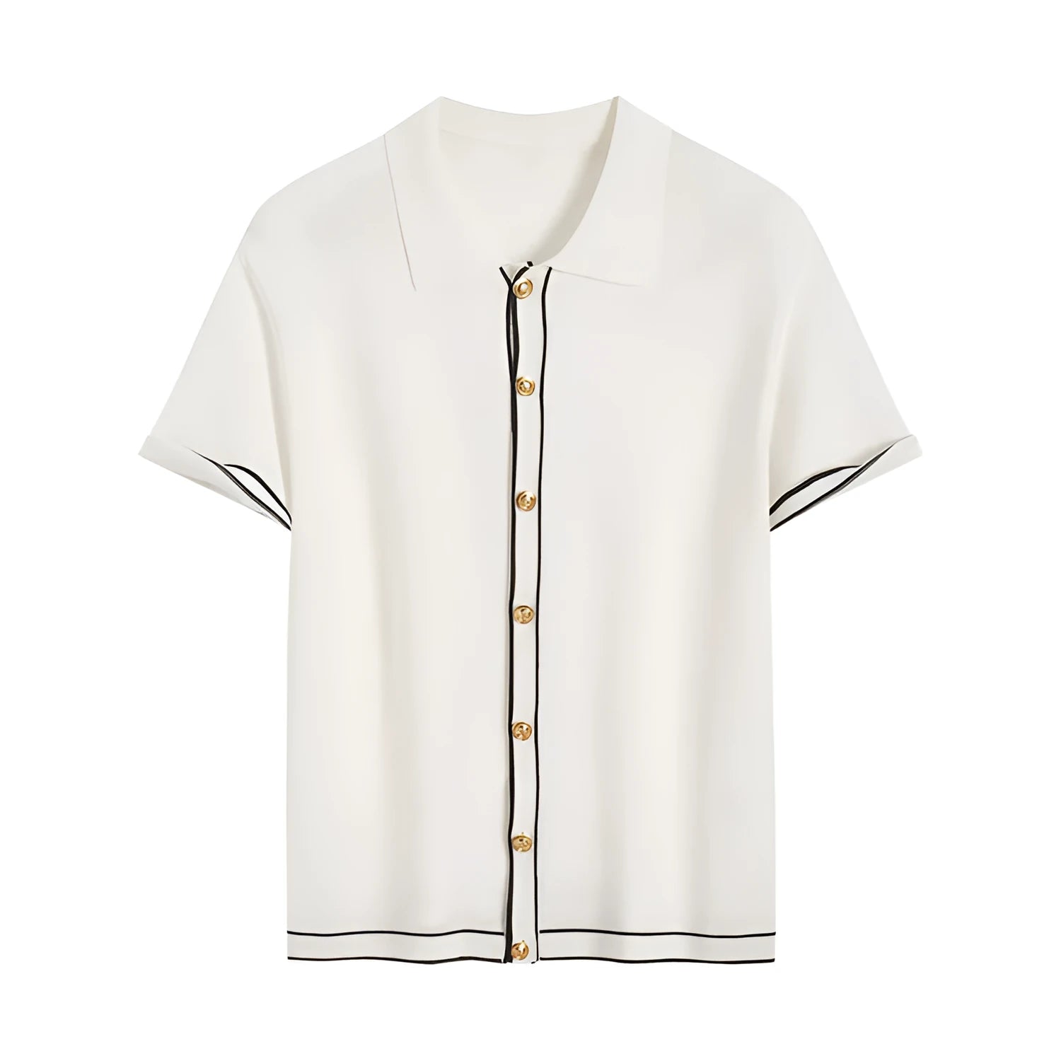 White short-sleeve cardigan with dark contrast lapels, shown on a model, old money style.