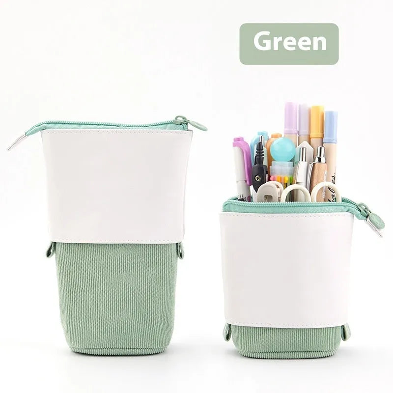 Telescopic drop-down stationery case in cotton and linen with purple PU corduroy exterior