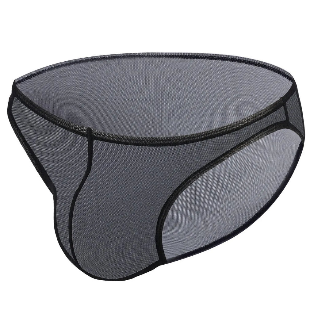 Men's black low-waist nylon briefs laid flat, showing brief-style cut and knitted fabric texture.