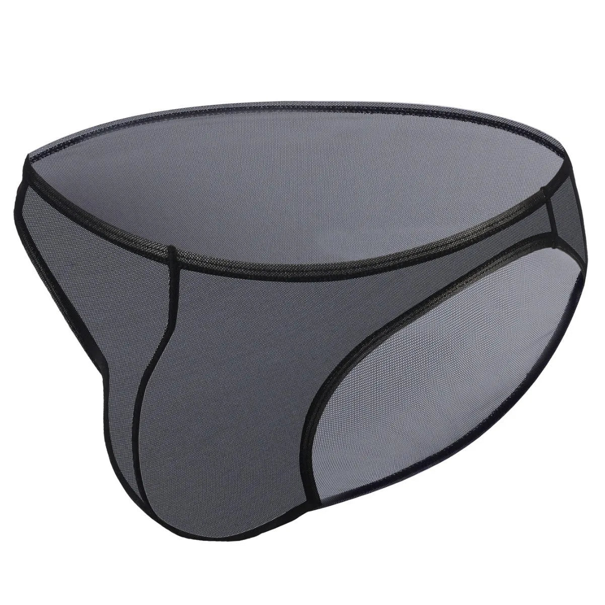 Men's black low-waist nylon briefs laid flat, showing brief-style cut and knitted fabric texture.