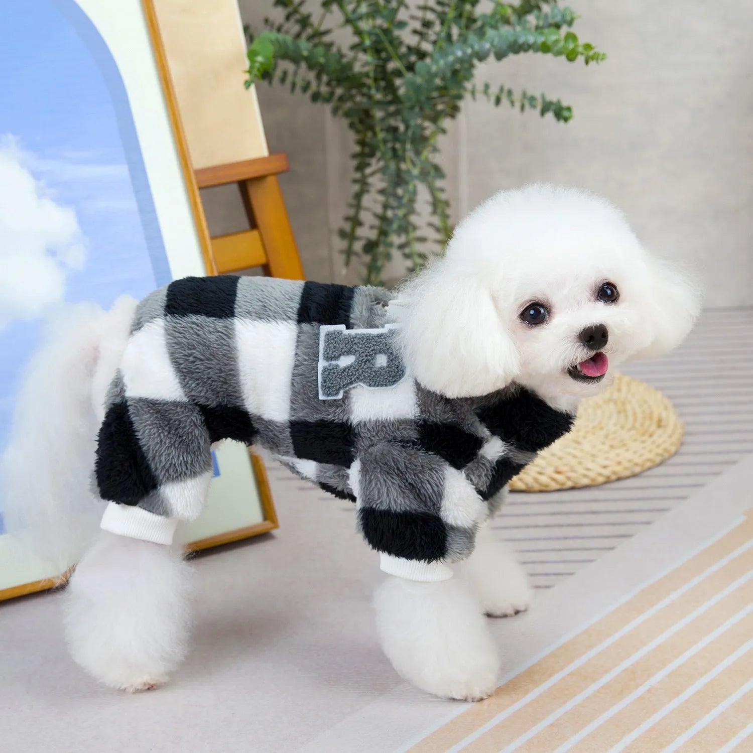 Double-sided velvet four-leg fluffy dog jacket in gray and brown, available in sizes S to XXL