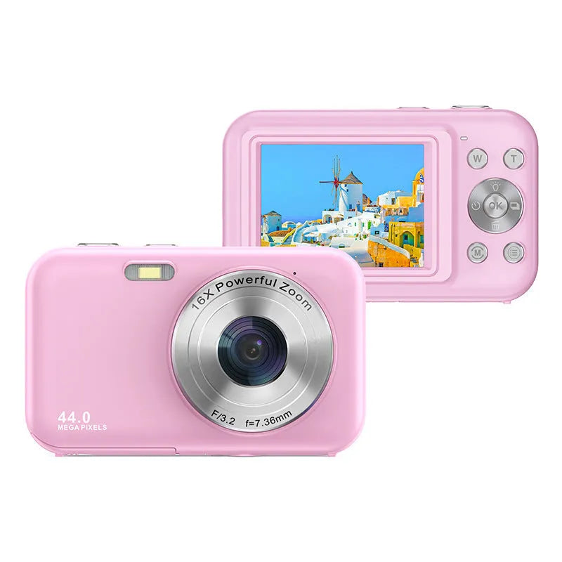 Children's digital camera in purple showing its 2.4-inch screen and lens.