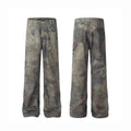Men's straight-leg jeans with digital camouflage pattern in picture colour, showing mid-waist design and cotton denim fabric