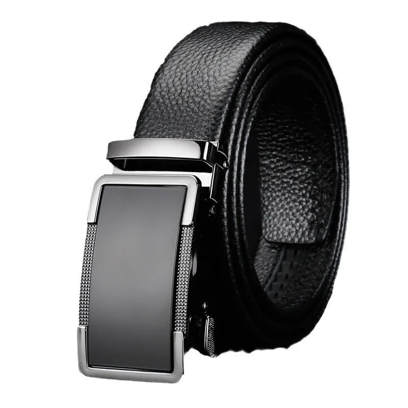 Men's automatic buckle leather belt in gun black, silver, and gold colour options showing the alloy buckle.