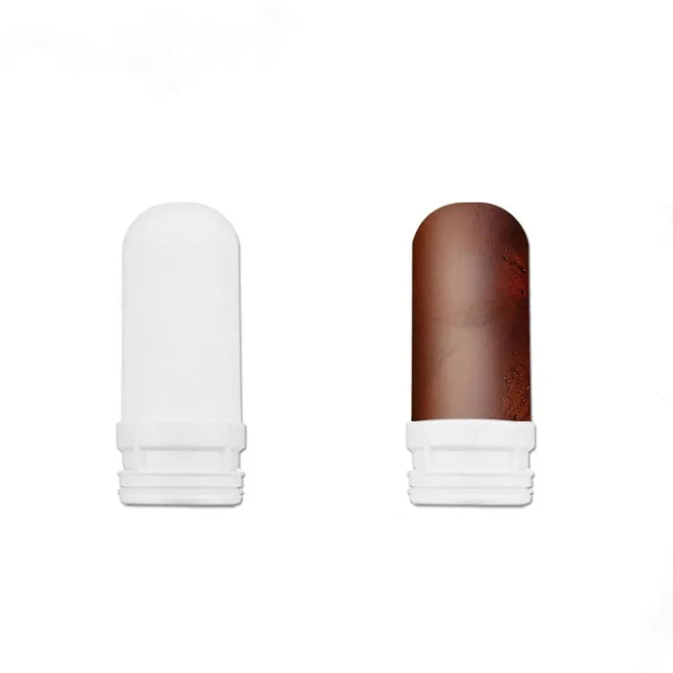 White cylindrical diatom ceramic water filter element measuring 43mm by 100mm.