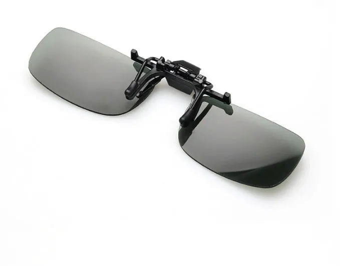 Clip-on sunglasses with polarised PC lenses attached to prescription glasses for driving