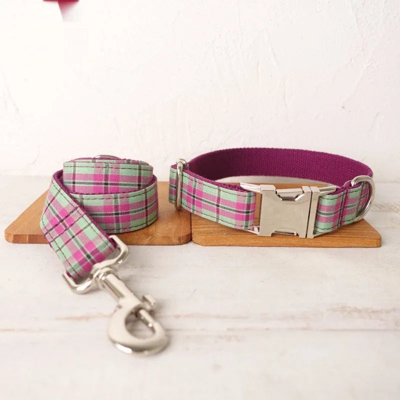 Mint-coloured polyester dog collar and leash set with zigezi pattern shown with adjustable sizing options