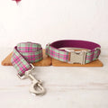 Mint-coloured polyester dog collar and leash set with zigezi pattern shown with adjustable sizing options