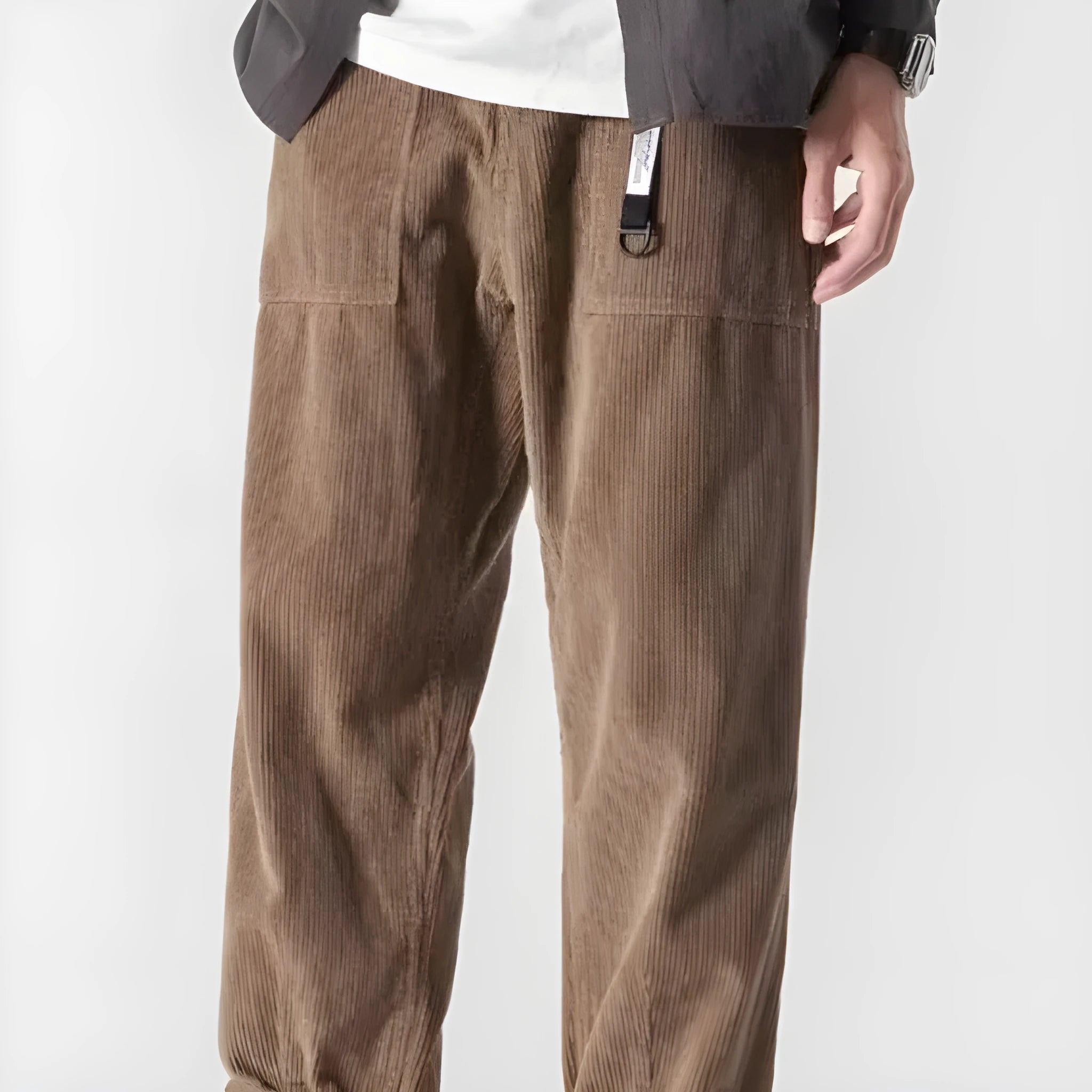 Loose straight tapered pants with wide legs in chemical fibre blend fabric, shown in dark grey colour