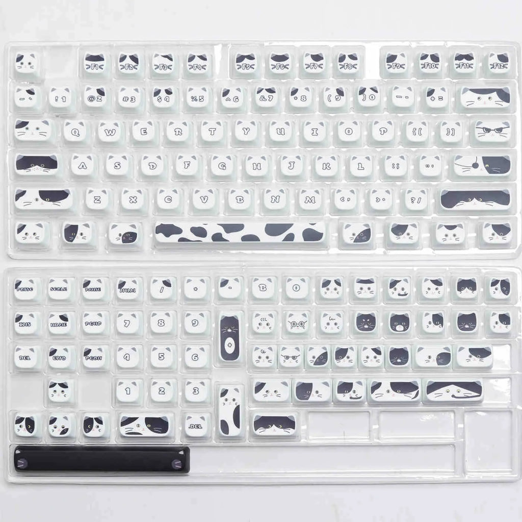 Black and white kitten sublimation key cap set for mechanical keyboards, PBT material, MAO height, full set of 26 key caps