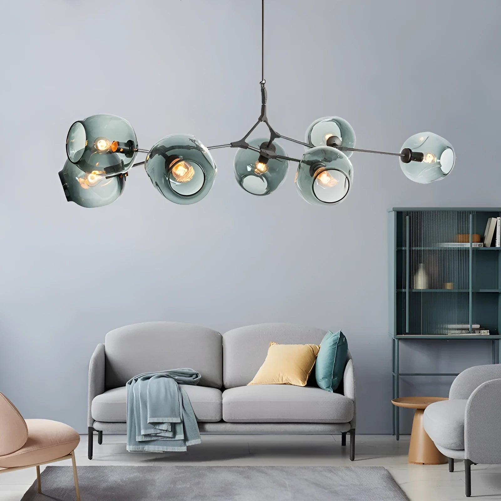 Nordic branch LED ceiling lamp with iron frame and glass shades, 10-head configuration in gold transparent finish