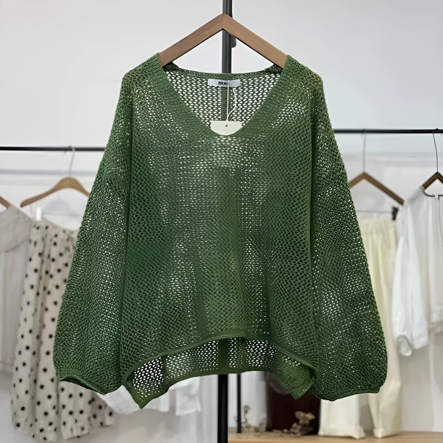 Loose spring summer polyester mesh top with princess sleeves in apricot white colour