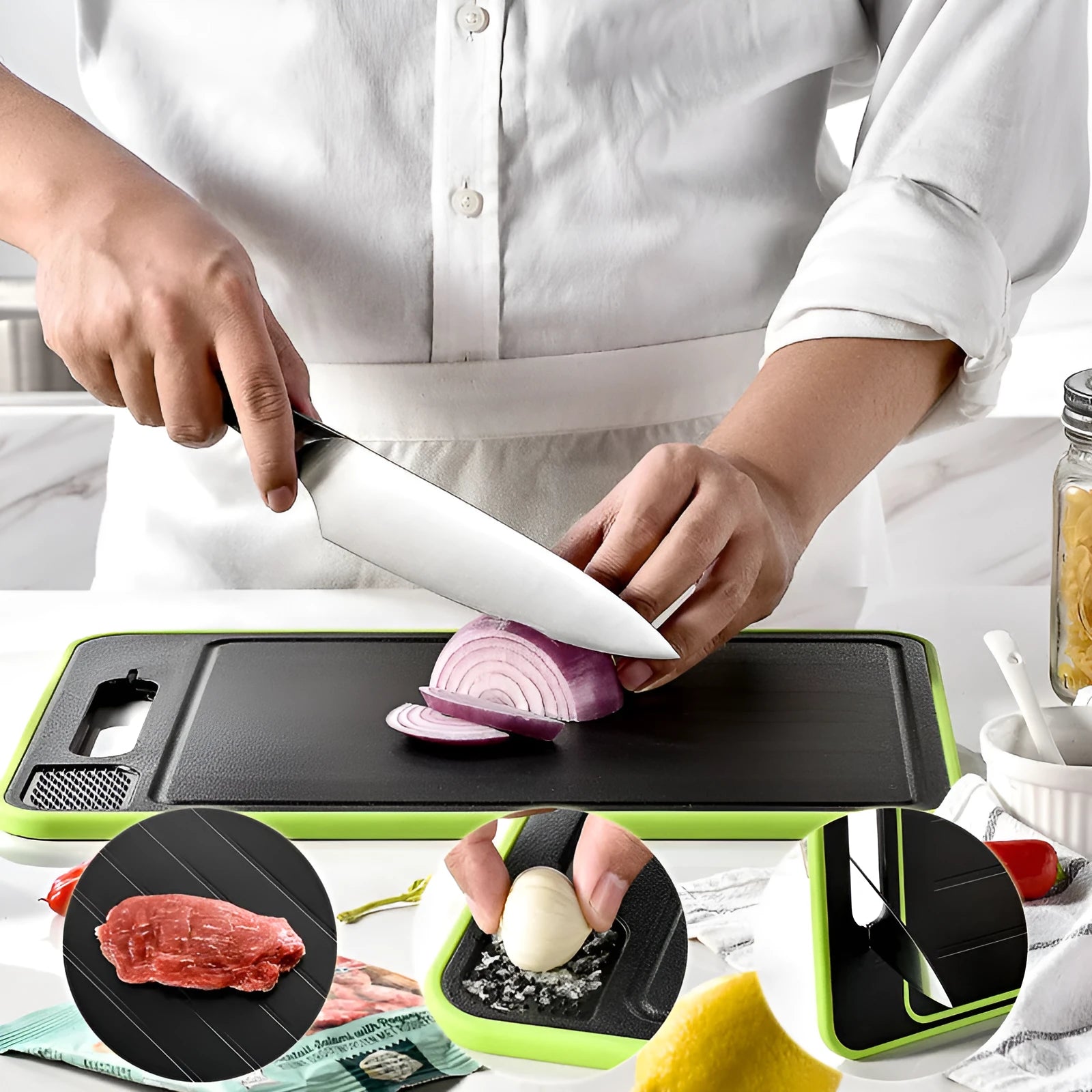 Grey square aluminium cutting board with double sides, grinding teeth and built-in knife sharpener