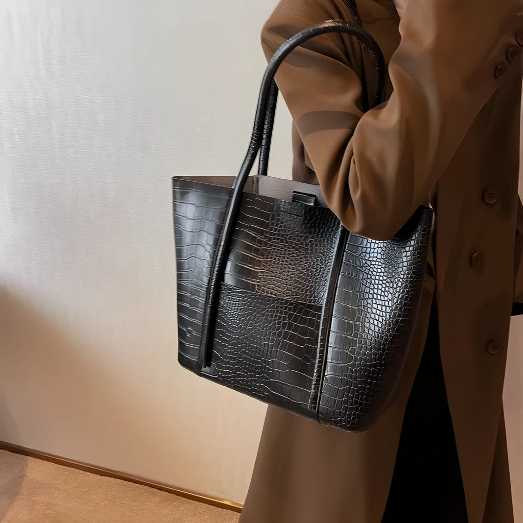 Embossed PU leather shoulder tote bag in beige with open pocket, 38cm width, 28cm height, soft handle