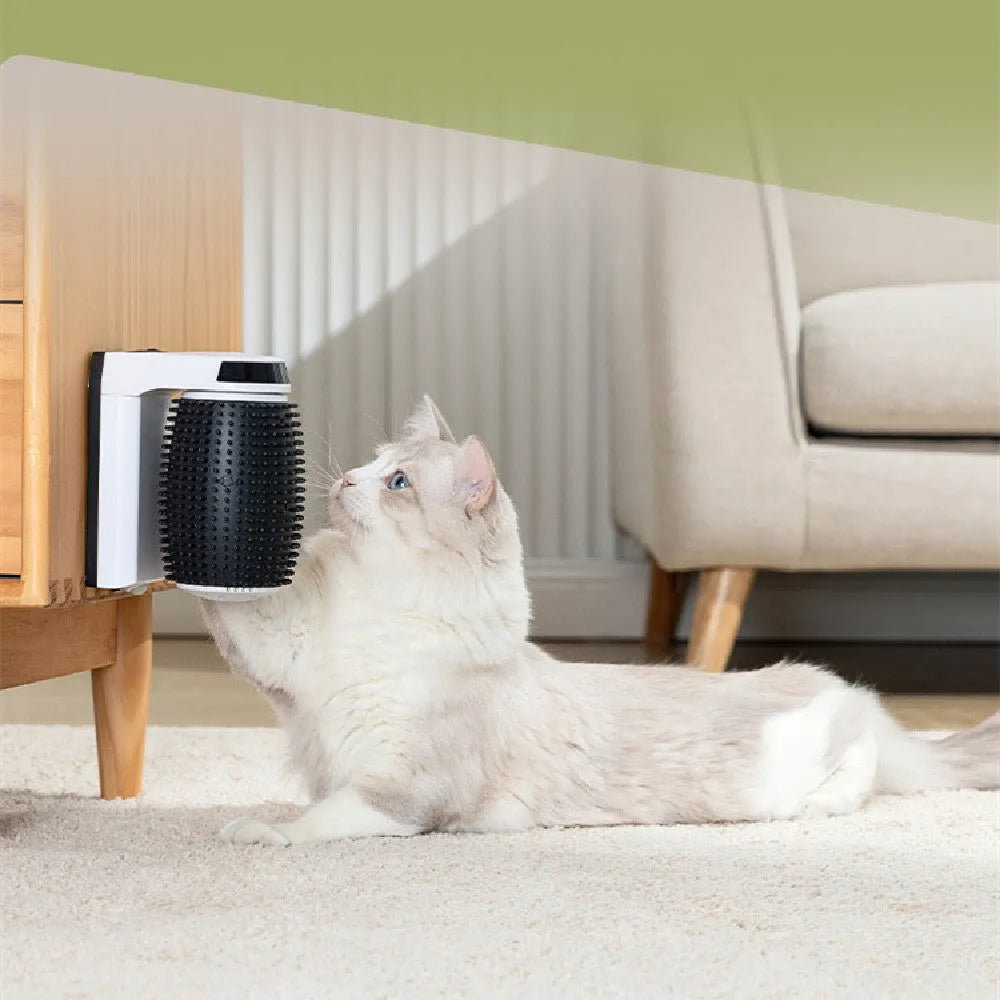 White automatic cat self groomer wall corner brush with USB cable and soft bristles