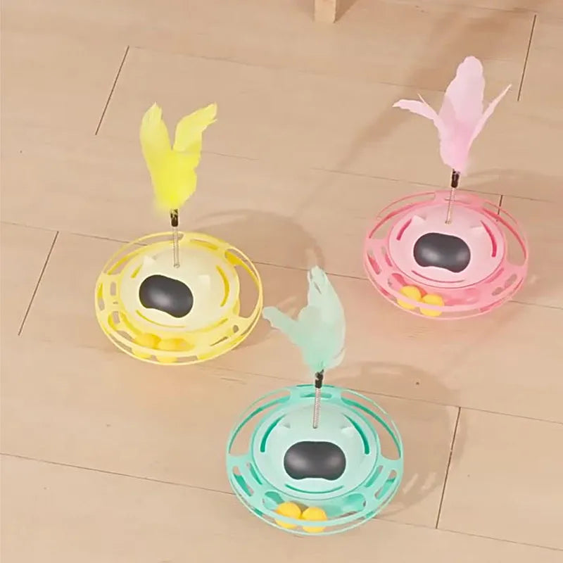Pink cat toy tumbler turntable with self-spinning stick on 10cm base