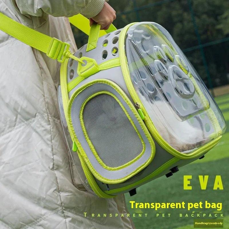 Transparent EVA cat carrier backpack in grass green colour showing hard-shell construction
