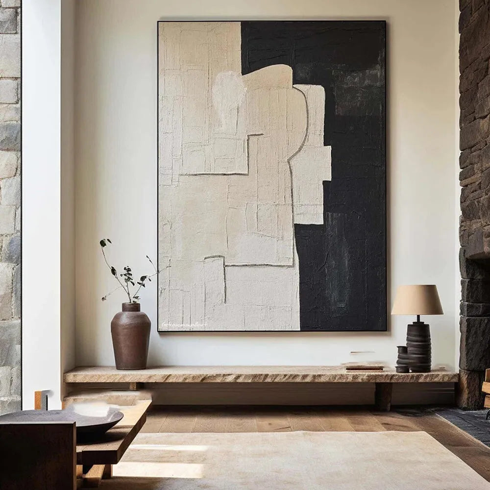 Handmade modern abstract black white textured oil painting on canvas, unstretched and frameless, vertical orientation