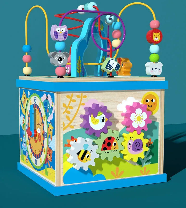 Blue wooden bead treasure box activity centre for toddlers with multi-functional play scenes