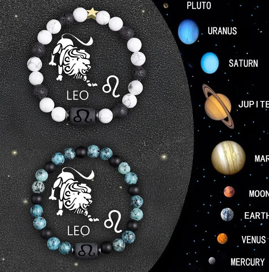 Set of twelve natural stone beaded bracelets for each zodiac sign, from Aries to Pisces.