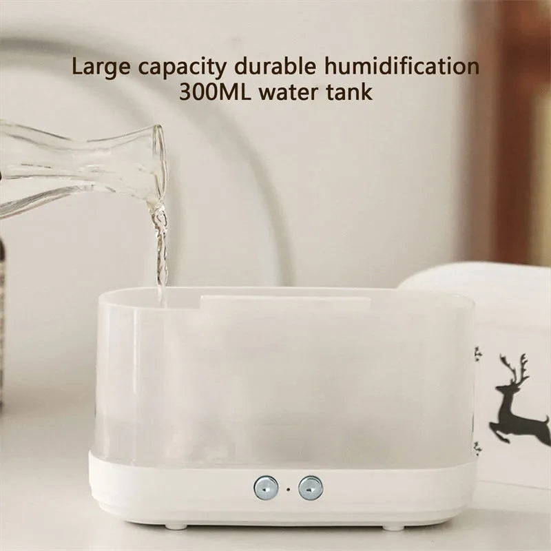 White round Elk flame effect humidifier diffuser with night light on a table.