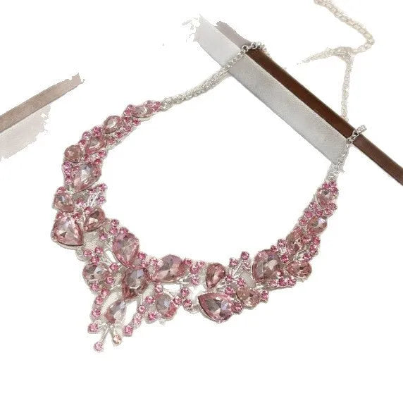 Pink rhinestone flower pendant necklace on alloy ball bead chain with 31-40cm adjustable link