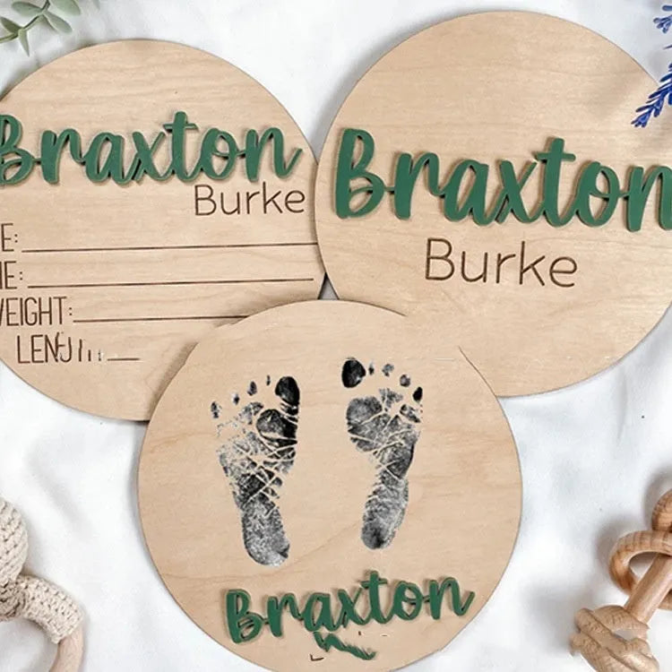 Brown limewood baby birth bulletin board with modern art design, 102mm size option