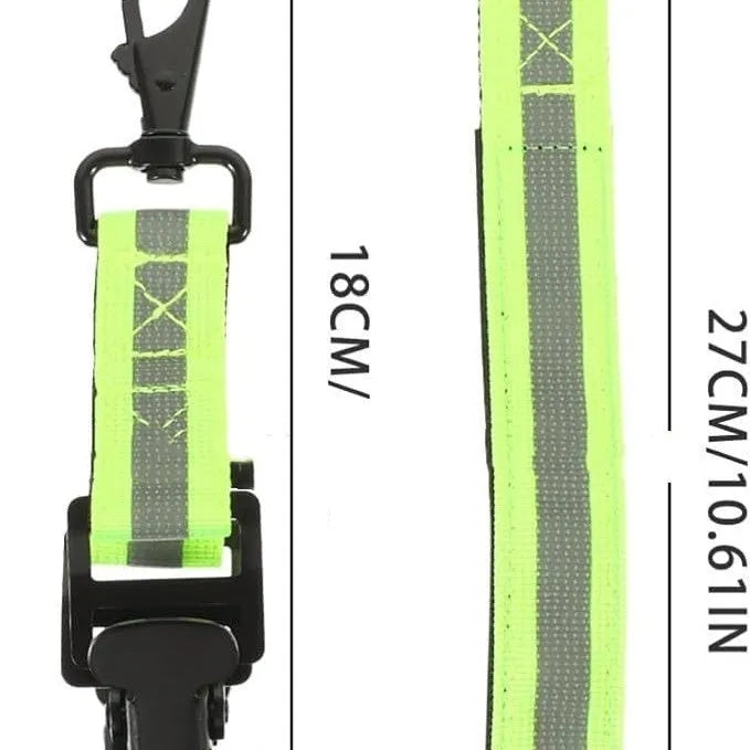 Fluorescent green metal buckle safety clamp for attaching work gloves to a belt.