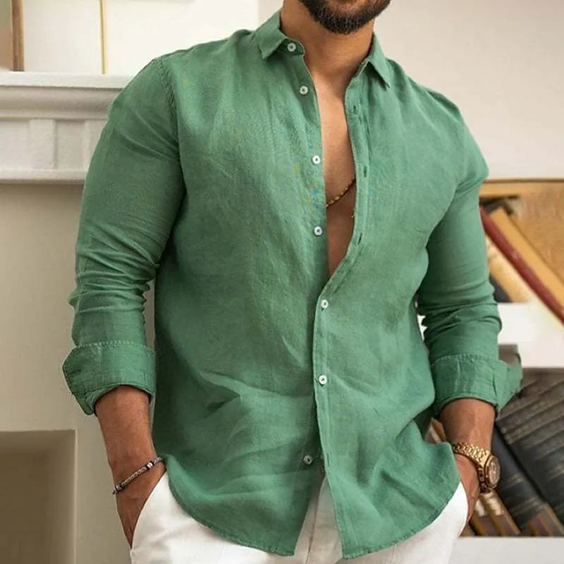 Men's cotton and linen blend solid colour button shirt for summer beach wear