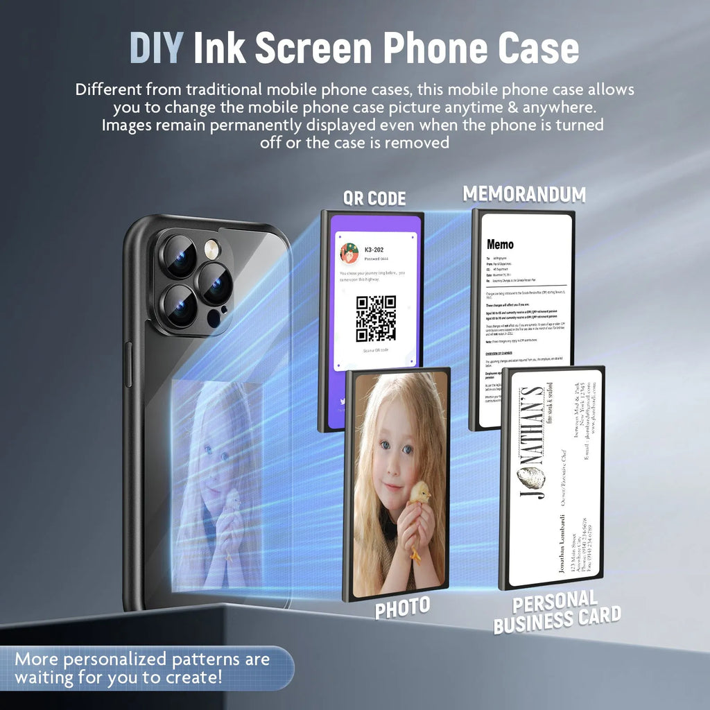 iPhone 15 Pro flip phone case with NFC ink screen in black and purple colour options