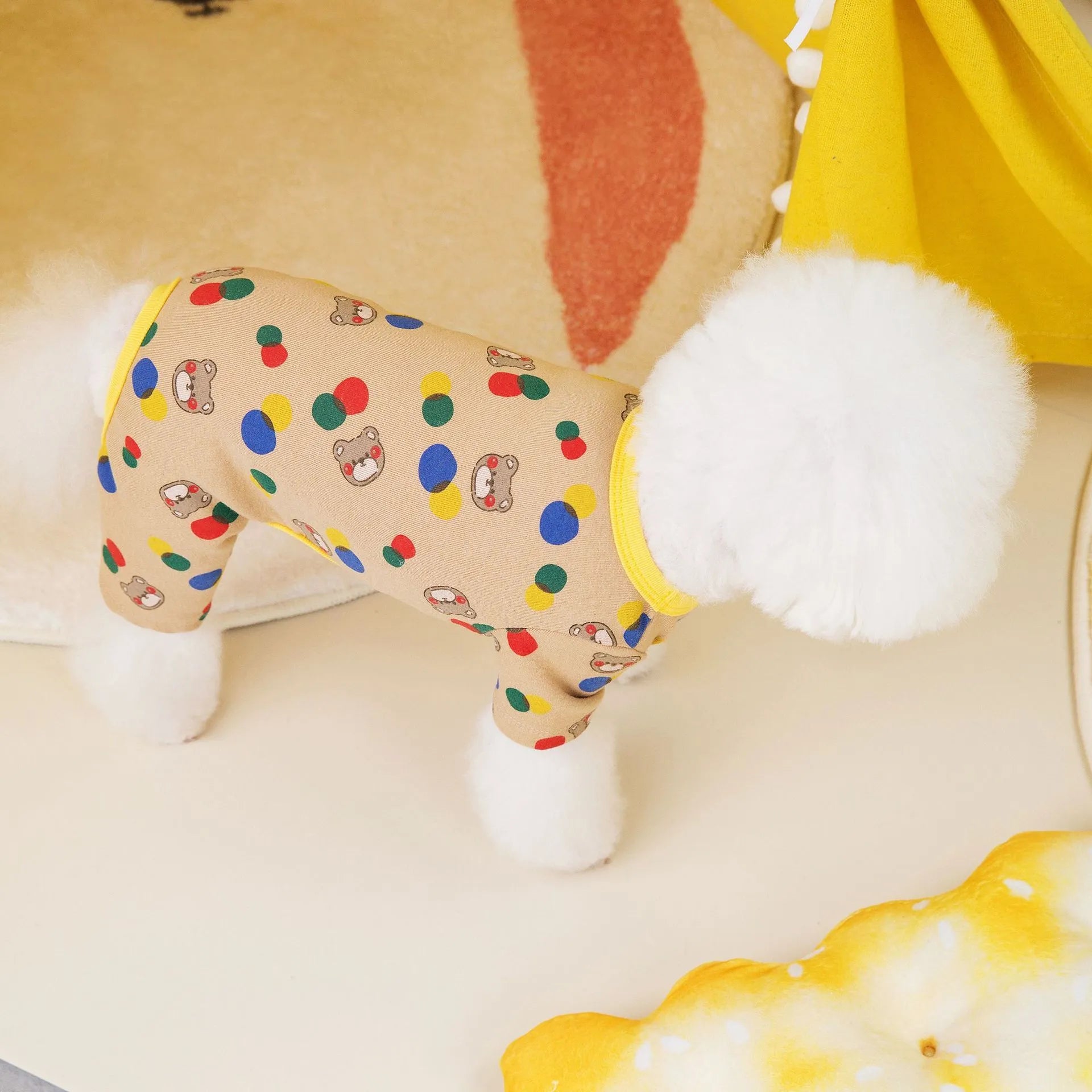 Beige cotton-blend dog sweater jumper with casual ball bear design in size medium