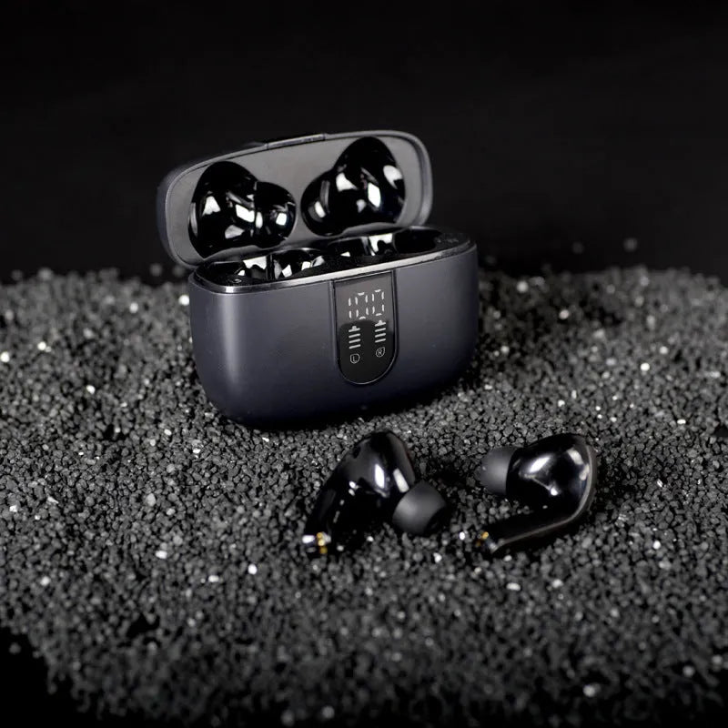 Jerry X08 wireless Bluetooth headset with digital display on earpiece and charging case
