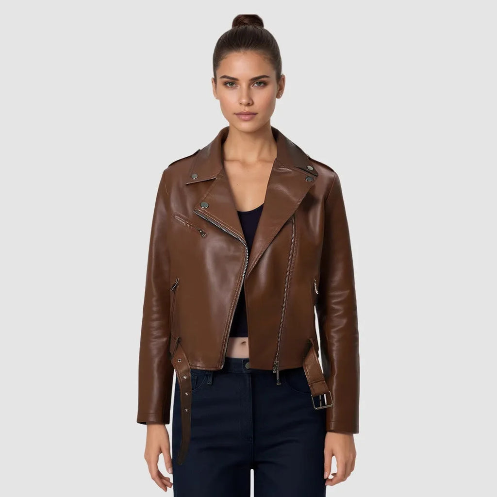Women's black PU leather biker jacket with lapel collar and an adjustable waist belt on a hanger.