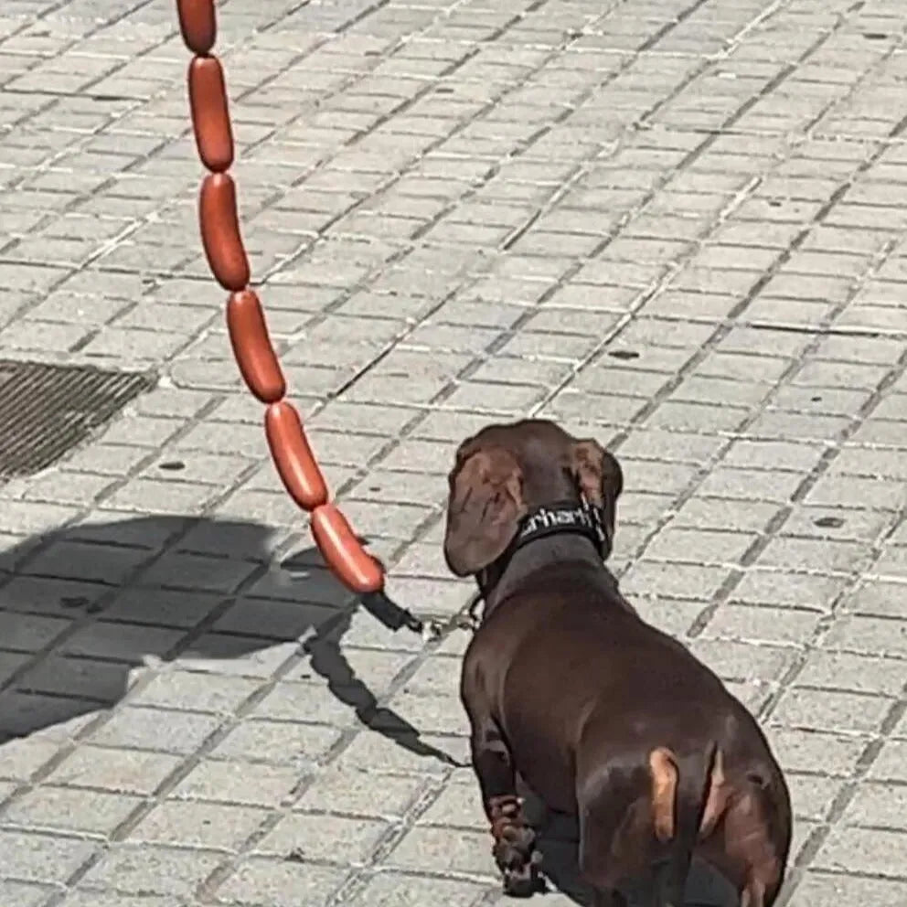 Brown fabric cat play rope with sausage-shaped sections and a grip tape handle, shown at full 108cm length.