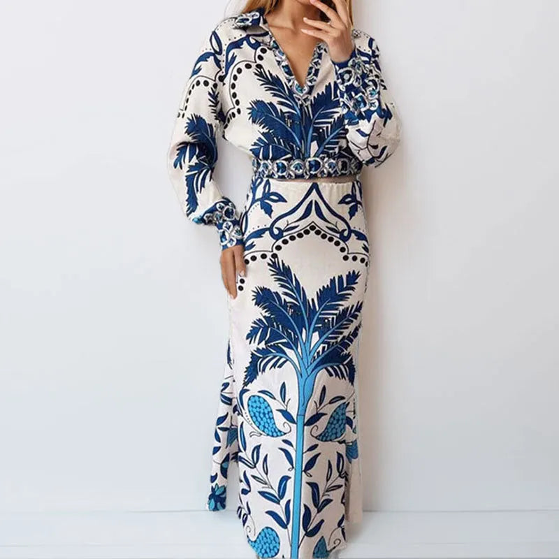 Women's floral print casual set with long sleeve top and long skirt on hanger