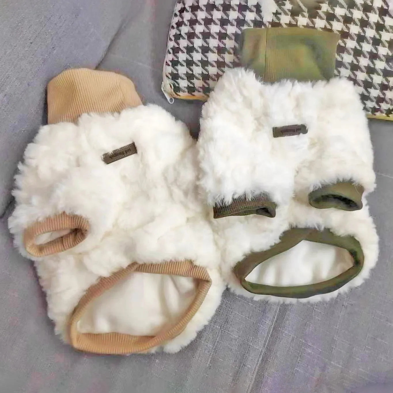 Creamy green turtleneck dog winter coat with thick plush padding on mannequin