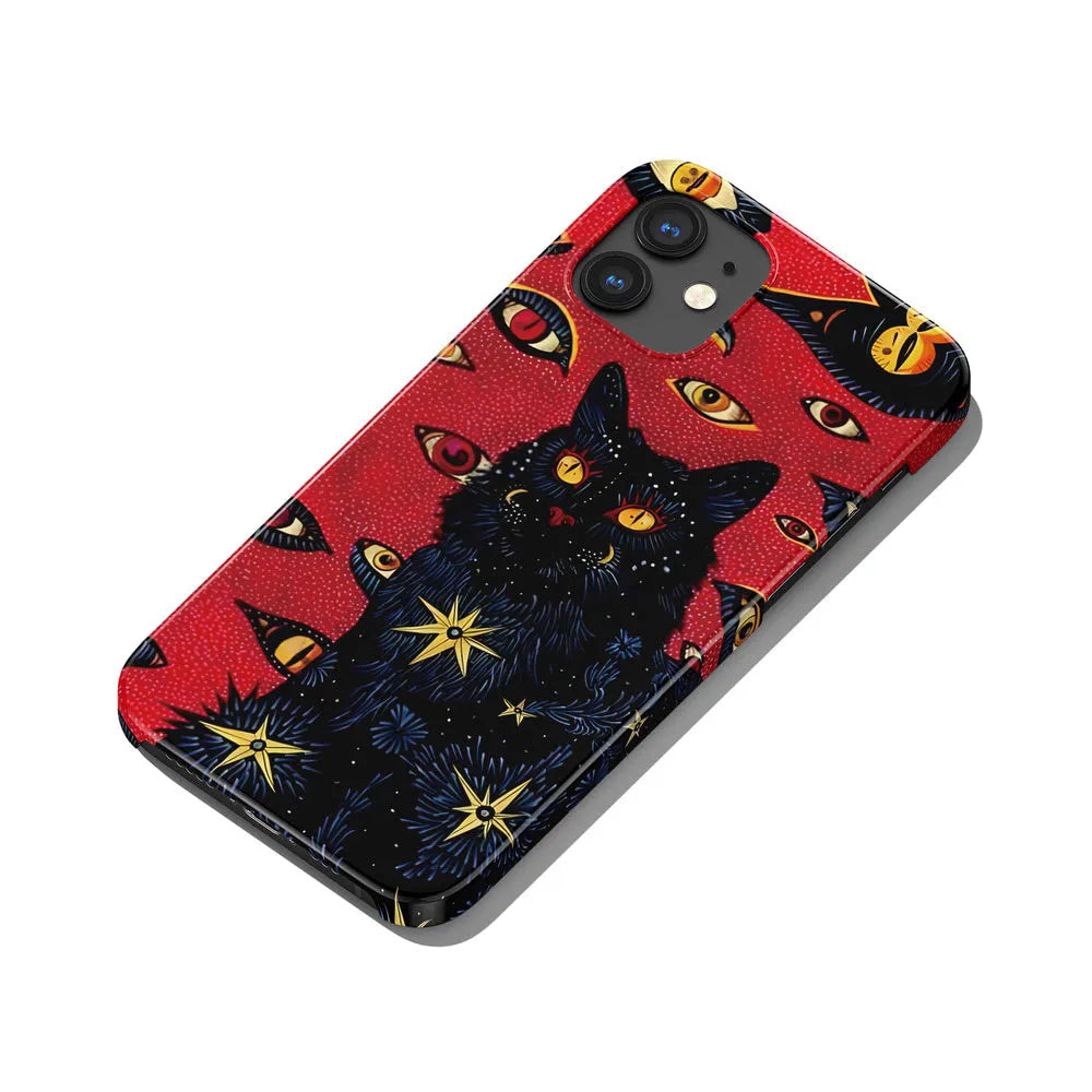 Retro cat eye design hard shell phone case for iPhone, shown in frosted and glossy finish options.
