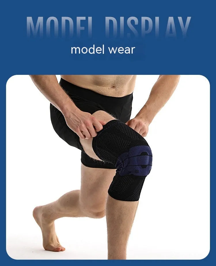 Adult sports knee pads in black and blue colour, made from nylon and spandex.