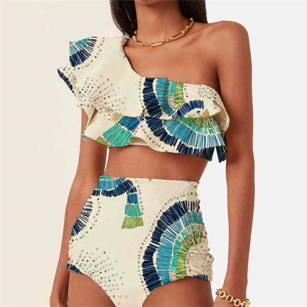 White women's one-shoulder swimsuit bikini with lotus leaf trim and high-leg split.