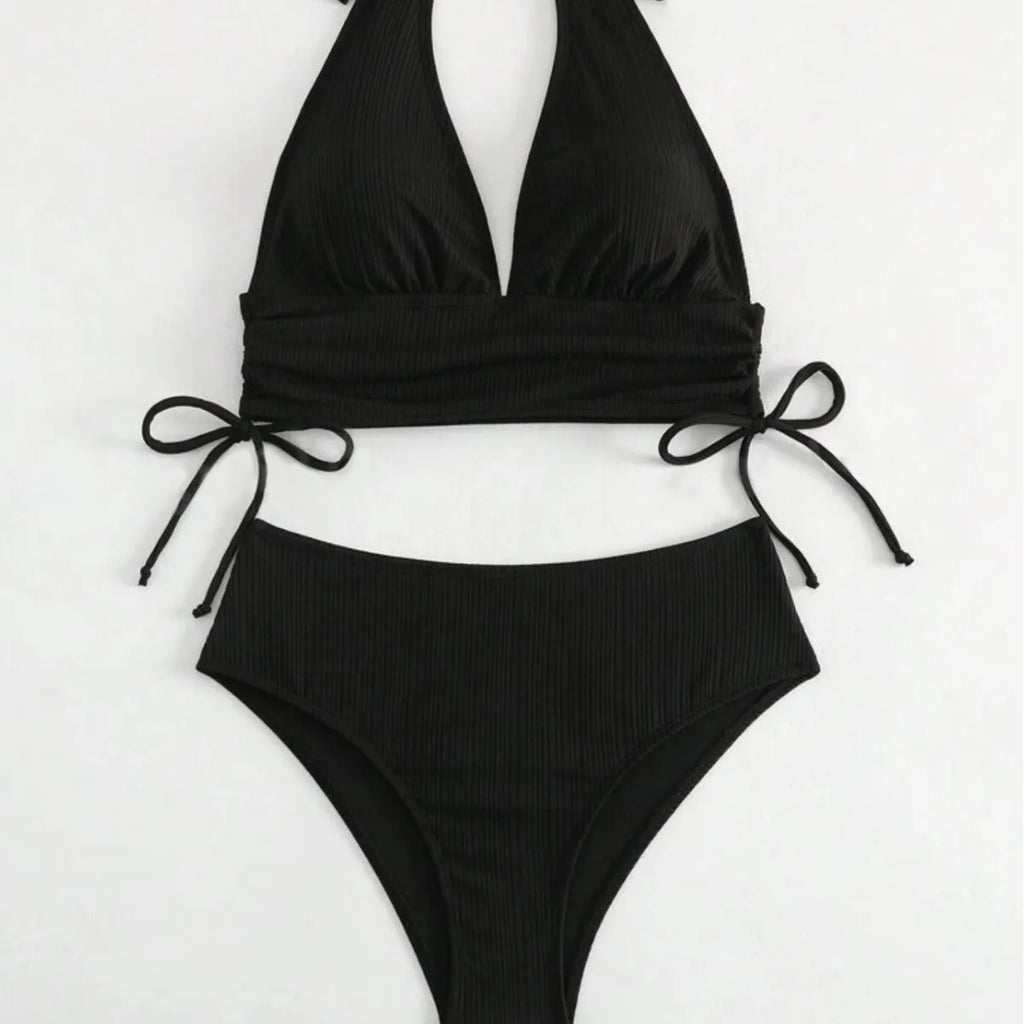 Women's black halter bikini with lace-up detail and briefs style bottom