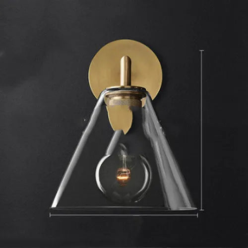 Modern wrought iron glass wall lamp with gold bronze finish and triangular transparent glass shade