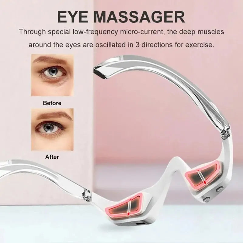 Pink and white micro-current eye massager with glasses-style design on a stand.