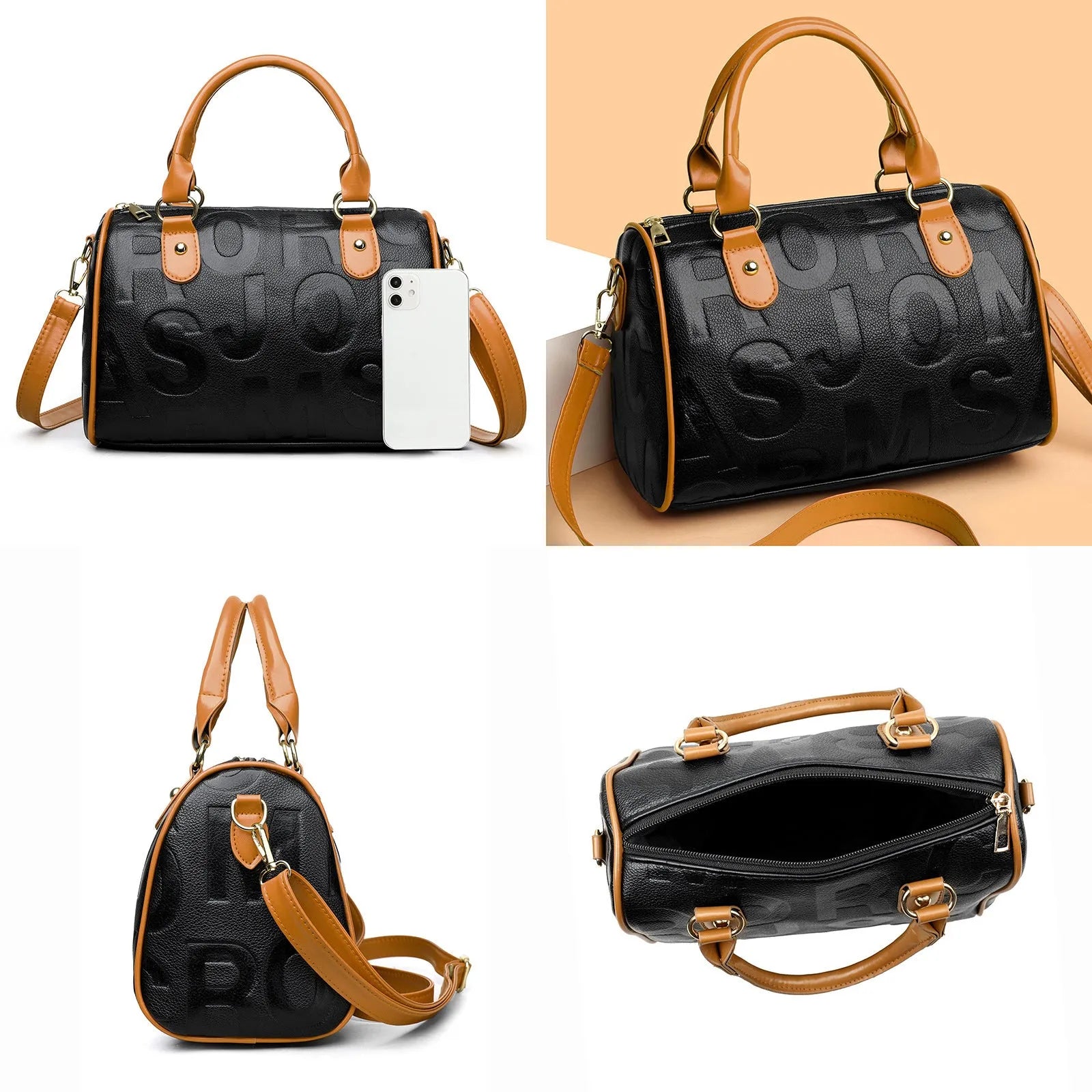 Cylindrical crossbody bag in brown PU leather with three shoulder straps showing textured exterior