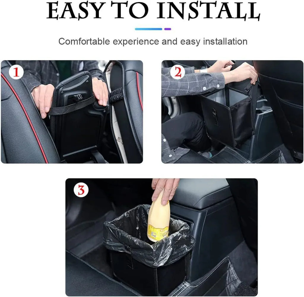 Black foldable car hanging trash can made from Oxford cloth, shown with dimensions.