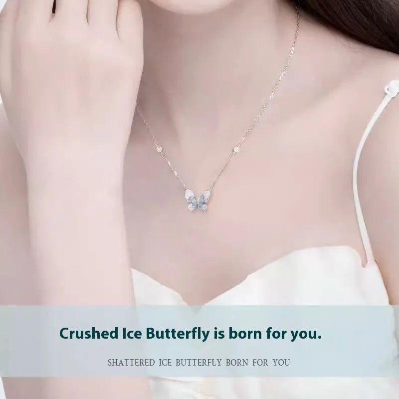Silver Bingyu butterfly necklace on display, showing adjustable O-ring chain and detailed ice rain pendant.