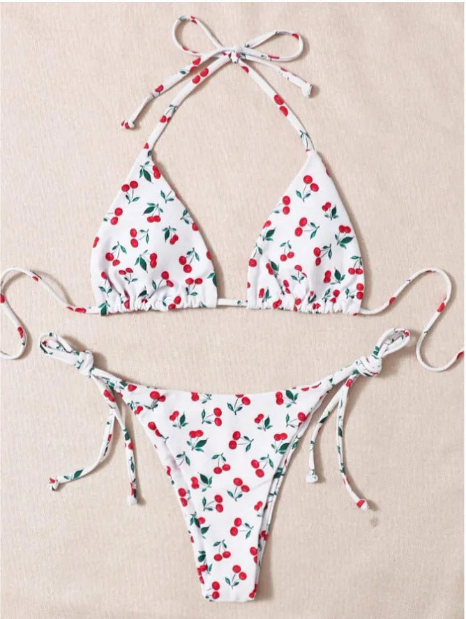 Holiday split halter bikini swimwear set with briefs style bottoms in solid colour