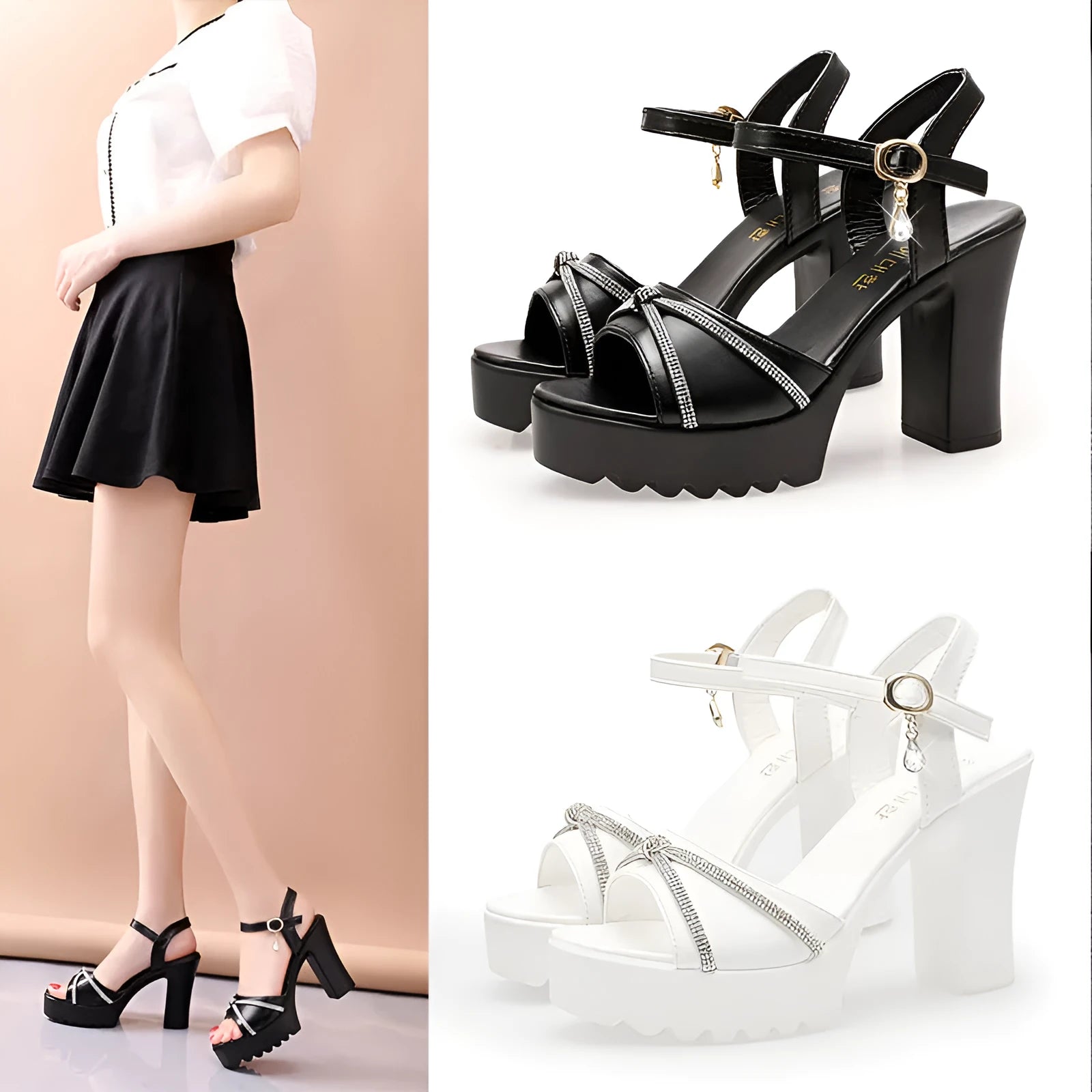 Women's black strappy high heel sandals with a platform wedge and block heel on a white background.
